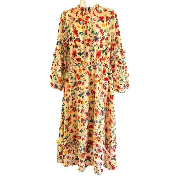 Bohemian Festival Multicolor Burnout Velvet Floral Midi Dress Ruffle Mock Neck - Picture 1 of 7